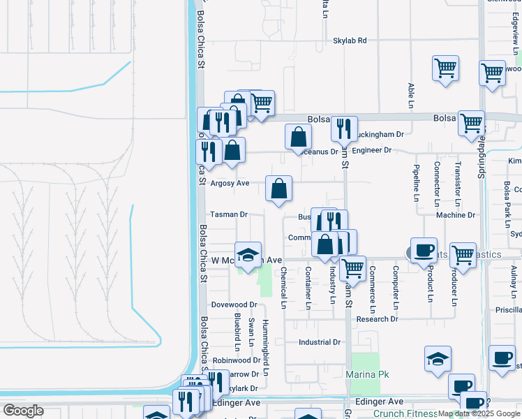 map of restaurants, bars, coffee shops, grocery stores, and more near 5201 Tasman Drive in Huntington Beach