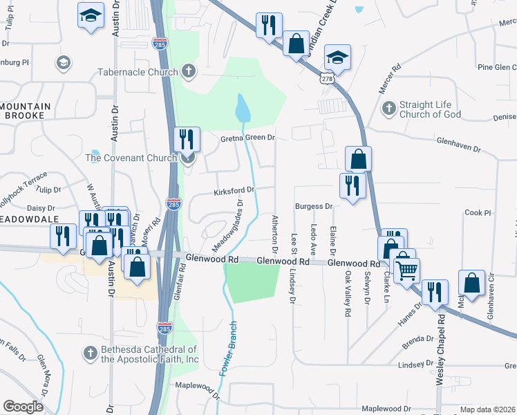 map of restaurants, bars, coffee shops, grocery stores, and more near 4022 Moffat Court in Decatur