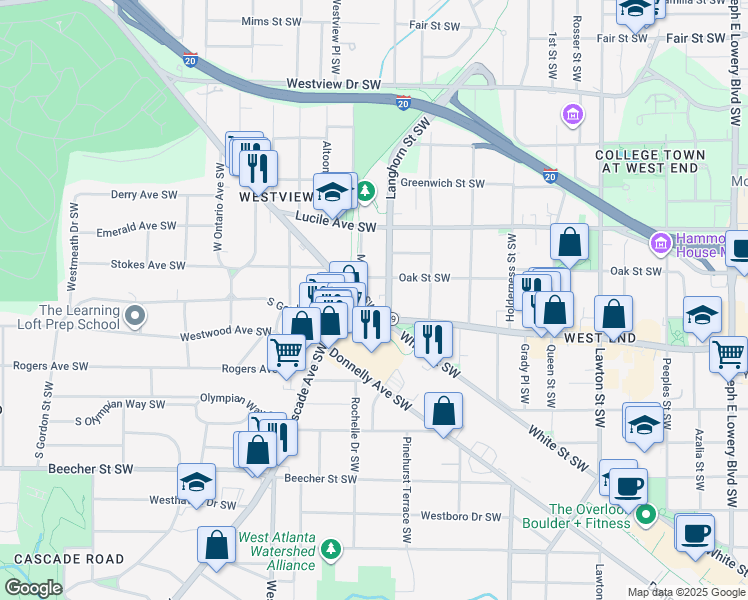 map of restaurants, bars, coffee shops, grocery stores, and more near 568 Muse Street Southwest in Atlanta