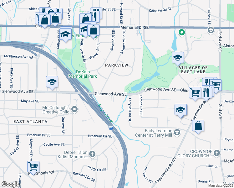 map of restaurants, bars, coffee shops, grocery stores, and more near 1921 Glenwood Avenue Southeast in Atlanta