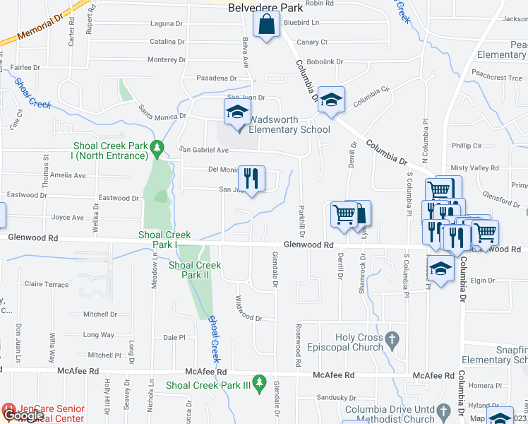 map of restaurants, bars, coffee shops, grocery stores, and more near 1860 Shoal Creek Boulevard in Decatur