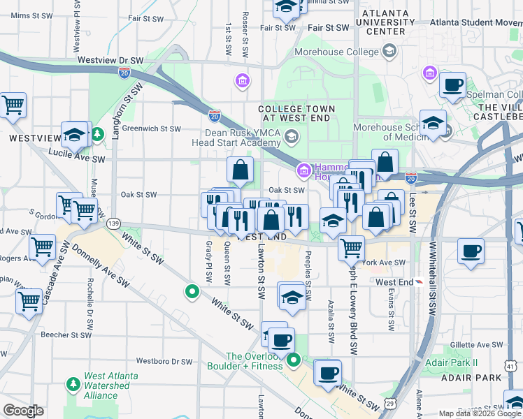 map of restaurants, bars, coffee shops, grocery stores, and more near 563 Lawton Street Southwest in Atlanta