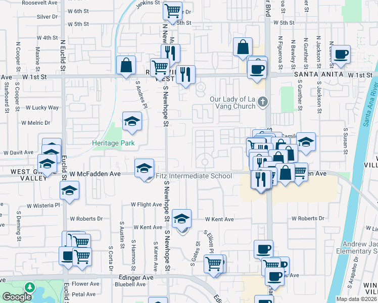 map of restaurants, bars, coffee shops, grocery stores, and more near 611 South Newhope Street in Santa Ana