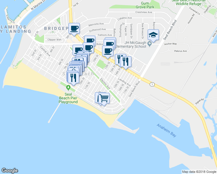 map of restaurants, bars, coffee shops, grocery stores, and more near 14th Street in Seal Beach