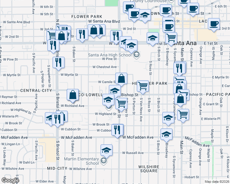 map of restaurants, bars, coffee shops, grocery stores, and more near 921 West Bishop Street in Santa Ana