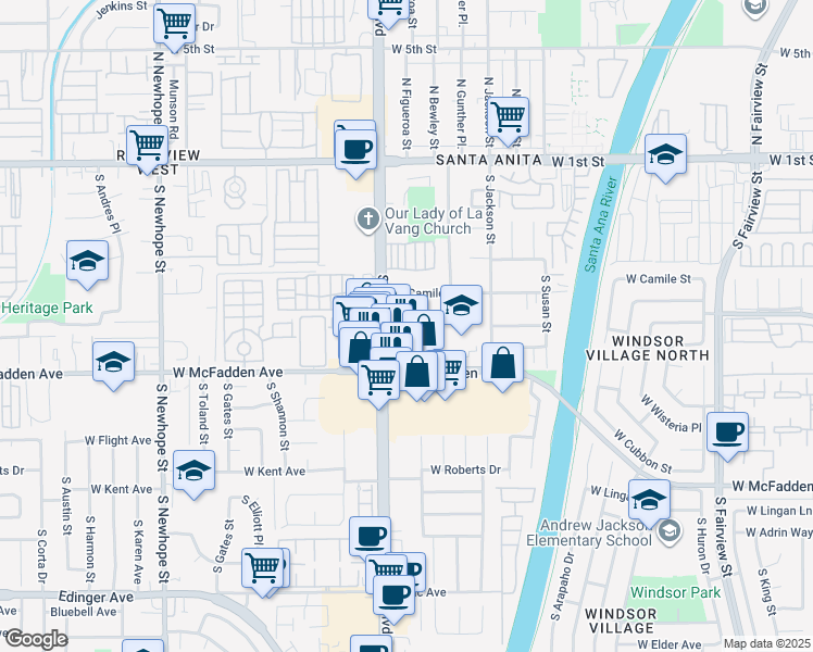 map of restaurants, bars, coffee shops, grocery stores, and more near 605 South Harbor Boulevard in Santa Ana