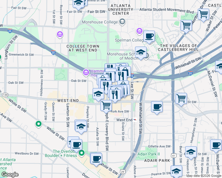 map of restaurants, bars, coffee shops, grocery stores, and more near Skylofts Atlanta in Atlanta