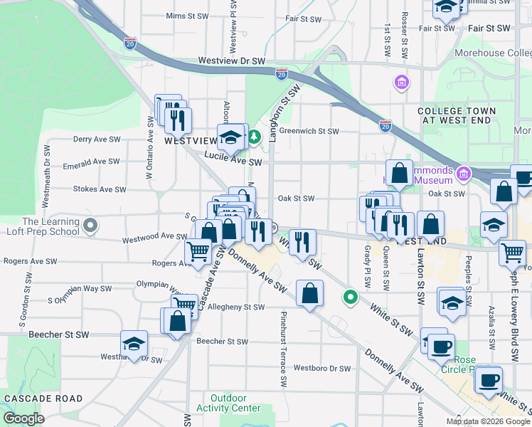 map of restaurants, bars, coffee shops, grocery stores, and more near 565 Langhorn Street Southwest in Atlanta