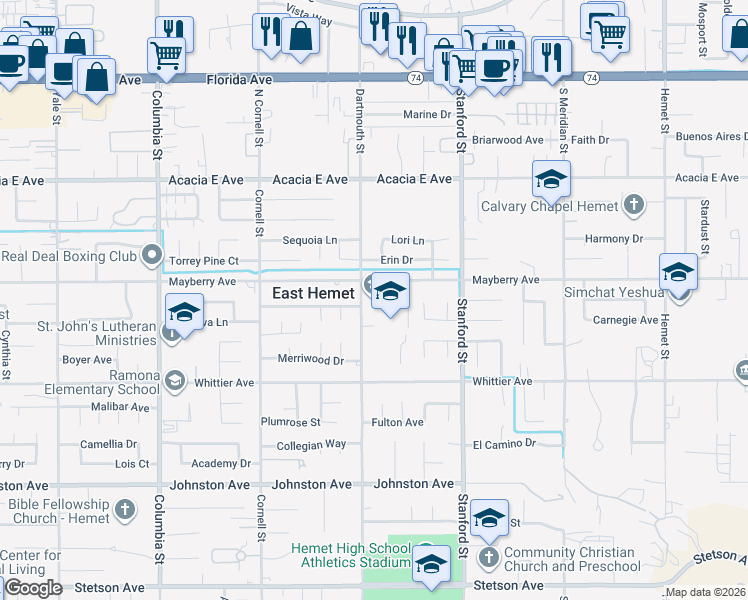 map of restaurants, bars, coffee shops, grocery stores, and more near 41535 Mayberry Avenue in Hemet