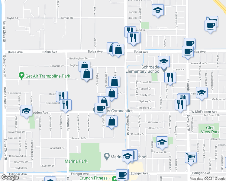 map of restaurants, bars, coffee shops, grocery stores, and more near 15321 Transistor Lane in Huntington Beach