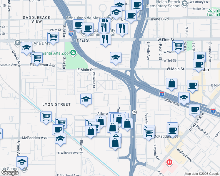map of restaurants, bars, coffee shops, grocery stores, and more near 133 Colombo Lane in Tustin