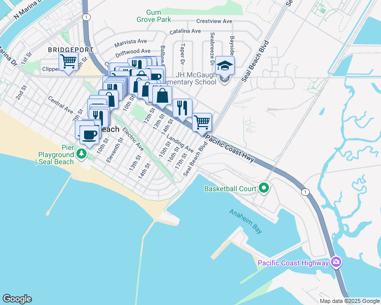 map of restaurants, bars, coffee shops, grocery stores, and more near 258 17th Street in Seal Beach