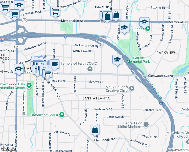map of restaurants, bars, coffee shops, grocery stores, and more near 1577 Glenwood Avenue Southeast in Atlanta