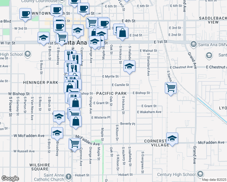 map of restaurants, bars, coffee shops, grocery stores, and more near 505 East Bishop Street in Santa Ana