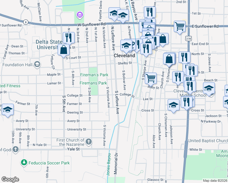 map of restaurants, bars, coffee shops, grocery stores, and more near 300-398 South Leflore Avenue in Cleveland
