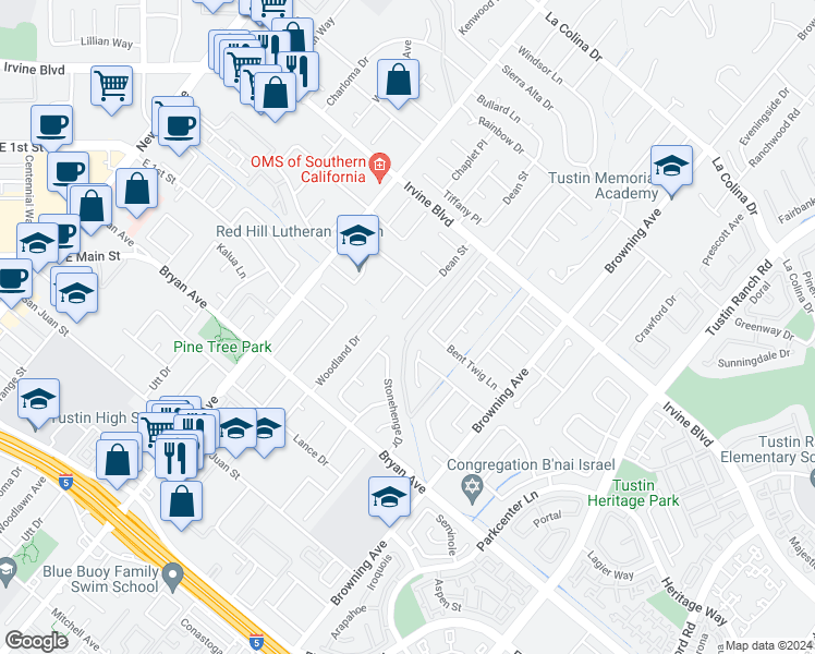 map of restaurants, bars, coffee shops, grocery stores, and more near 13232 Dean Street in Tustin