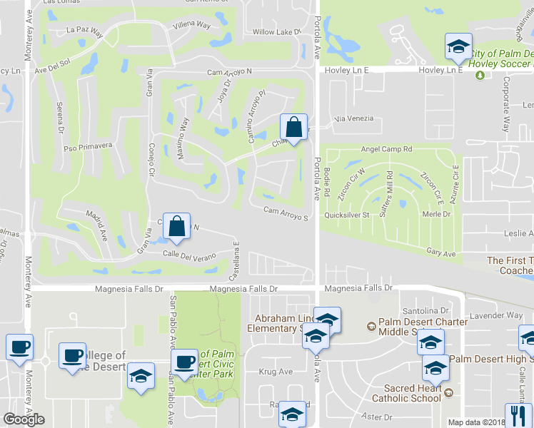 map of restaurants, bars, coffee shops, grocery stores, and more near 149 Cam Arroyo South in Palm Desert