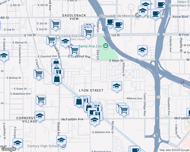 map of restaurants, bars, coffee shops, grocery stores, and more near 521 South Lyon Street in Santa Ana