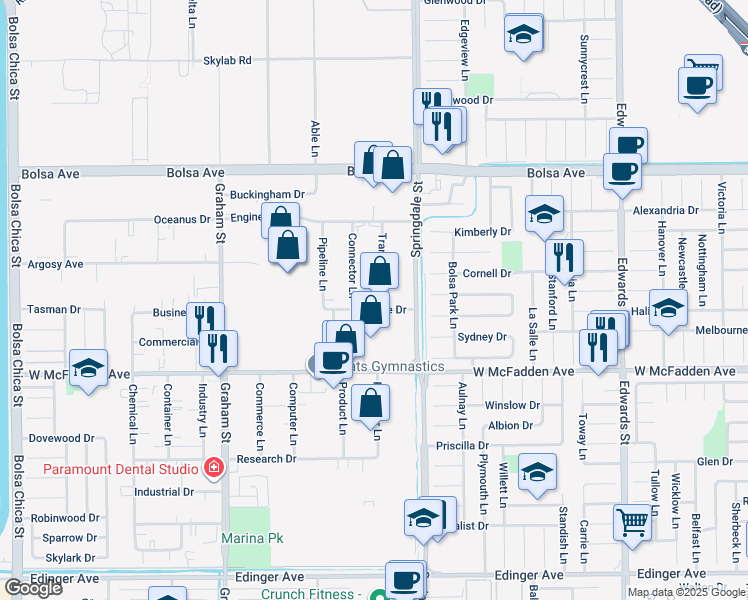 map of restaurants, bars, coffee shops, grocery stores, and more near 15321 Transistor Lane in Huntington Beach
