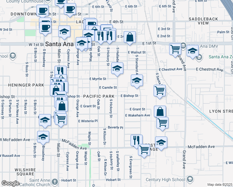 map of restaurants, bars, coffee shops, grocery stores, and more near 627 East Bishop Street in Santa Ana