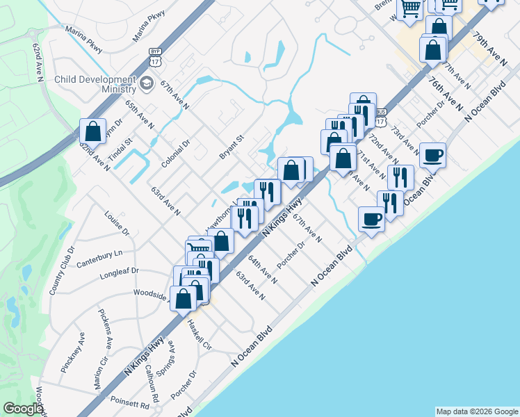 map of restaurants, bars, coffee shops, grocery stores, and more near 6504 Wildwood Trail in Myrtle Beach
