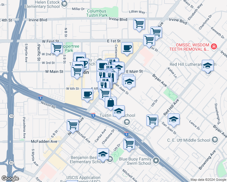 map of restaurants, bars, coffee shops, grocery stores, and more near 1071 Walnut Street in Tustin