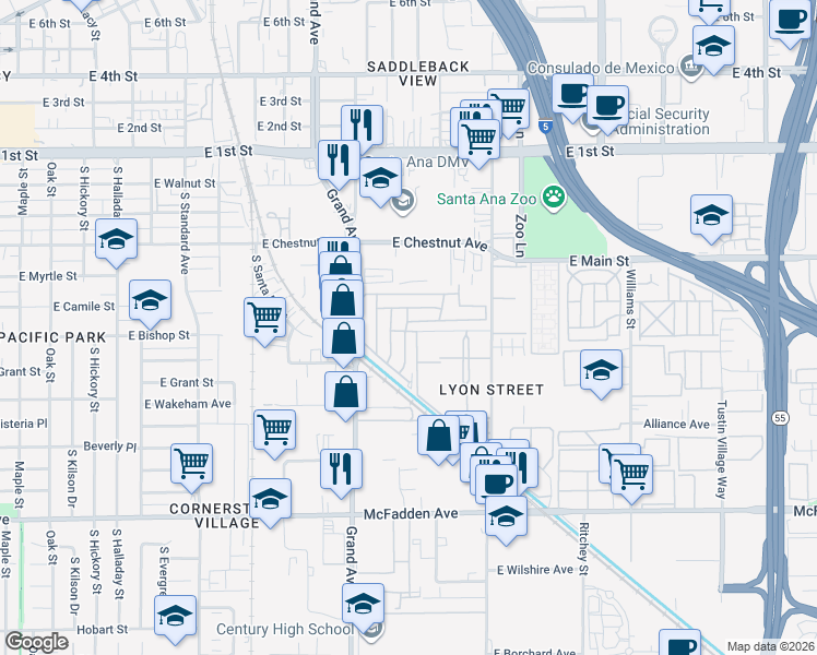 map of restaurants, bars, coffee shops, grocery stores, and more near 740 Warren Street in Santa Ana