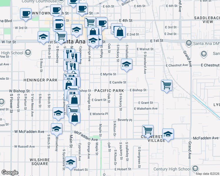 map of restaurants, bars, coffee shops, grocery stores, and more near in Santa Ana