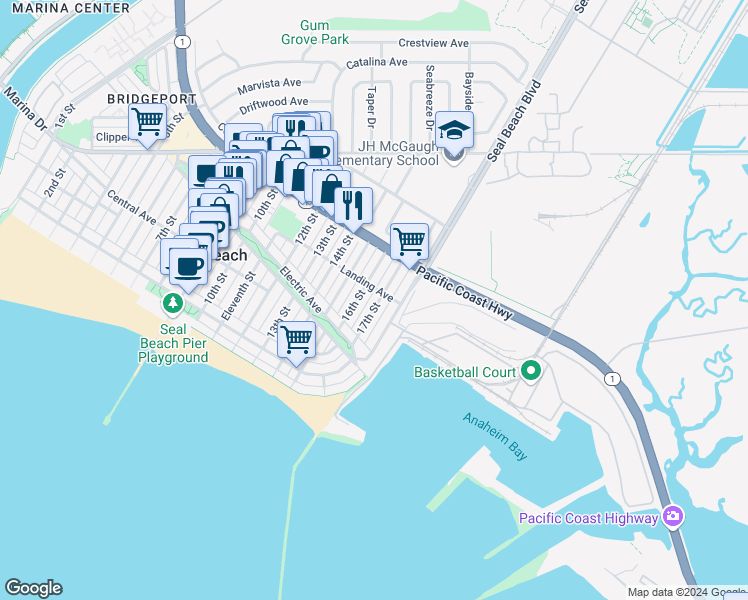 map of restaurants, bars, coffee shops, grocery stores, and more near 235 17th Street in Seal Beach
