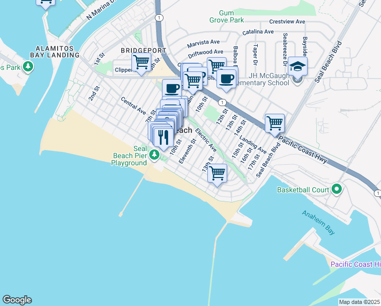 map of restaurants, bars, coffee shops, grocery stores, and more near 132 12th Street in Seal Beach