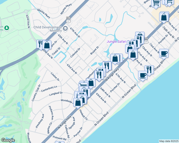 map of restaurants, bars, coffee shops, grocery stores, and more near 6318 Hawthorne Lane in Myrtle Beach