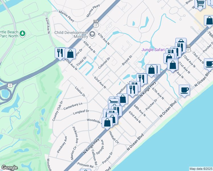 map of restaurants, bars, coffee shops, grocery stores, and more near 6301 Somerset Drive in Myrtle Beach