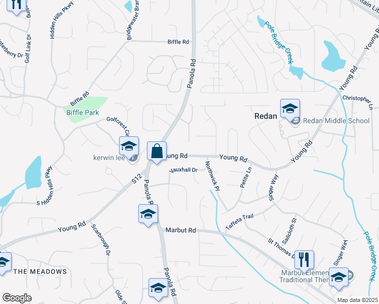 map of restaurants, bars, coffee shops, grocery stores, and more near 2061 Young Road in Lithonia