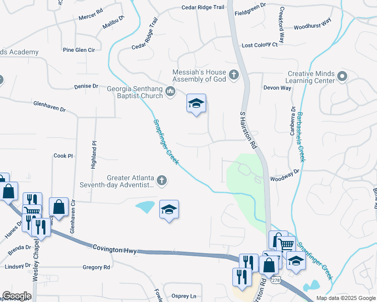 map of restaurants, bars, coffee shops, grocery stores, and more near 4665 Big Valley Road in Stone Mountain