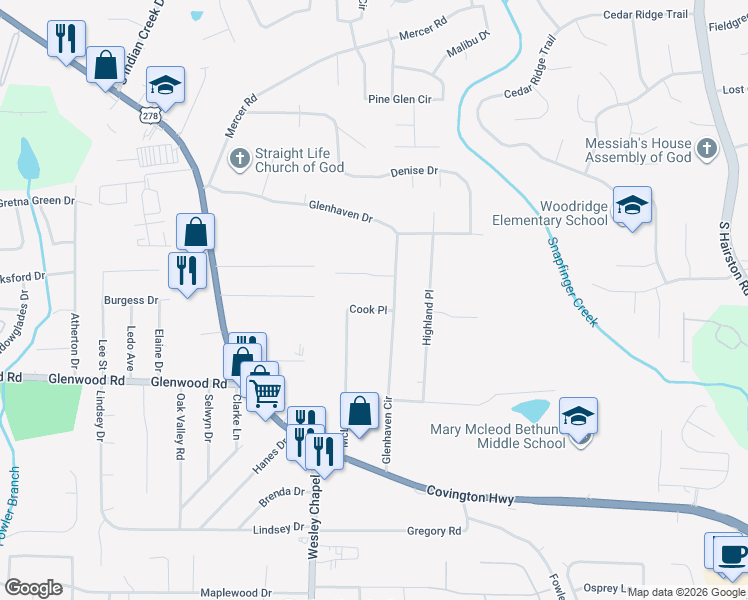 map of restaurants, bars, coffee shops, grocery stores, and more near 4372 Cook Place in Decatur