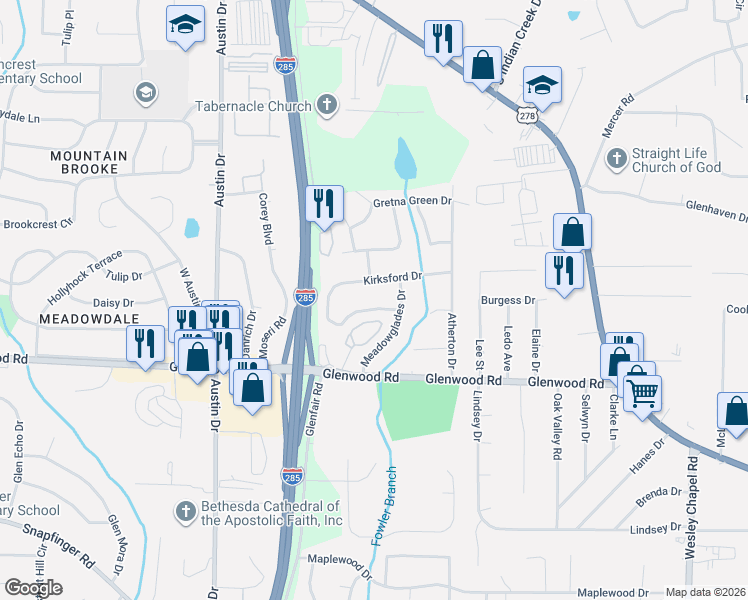 map of restaurants, bars, coffee shops, grocery stores, and more near 1763 Woodsloe Drive in Decatur