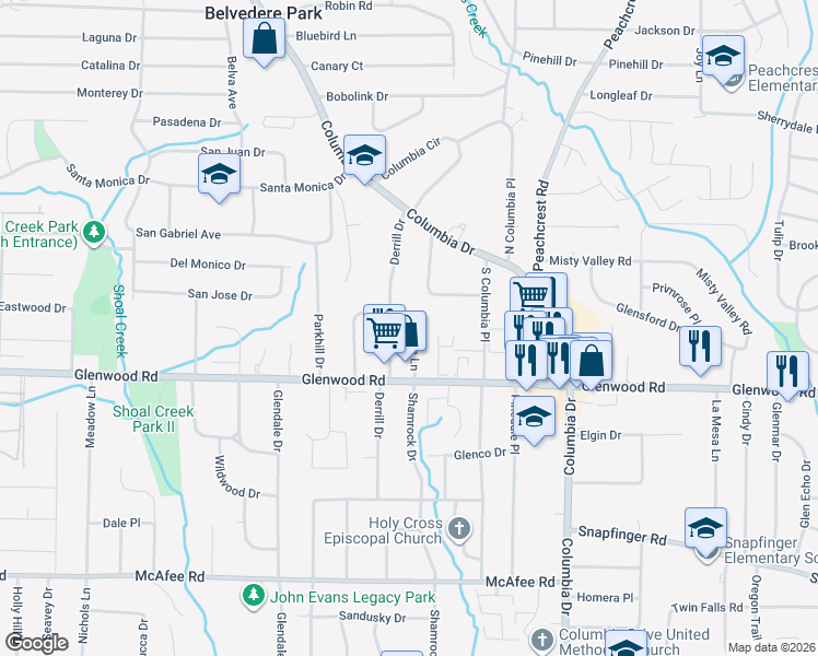 map of restaurants, bars, coffee shops, grocery stores, and more near 1776 Lynn Lane in Decatur