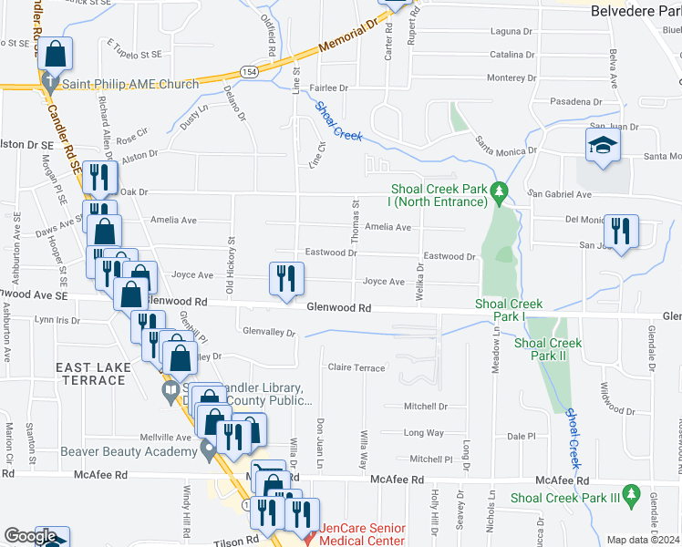 map of restaurants, bars, coffee shops, grocery stores, and more near 2736 Joyce Avenue in Decatur