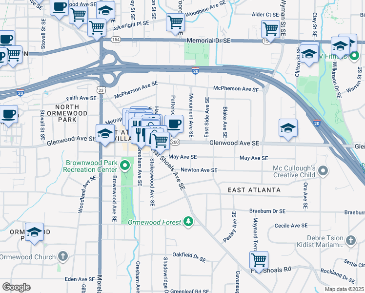 map of restaurants, bars, coffee shops, grocery stores, and more near 1394 May Avenue Southeast in Atlanta