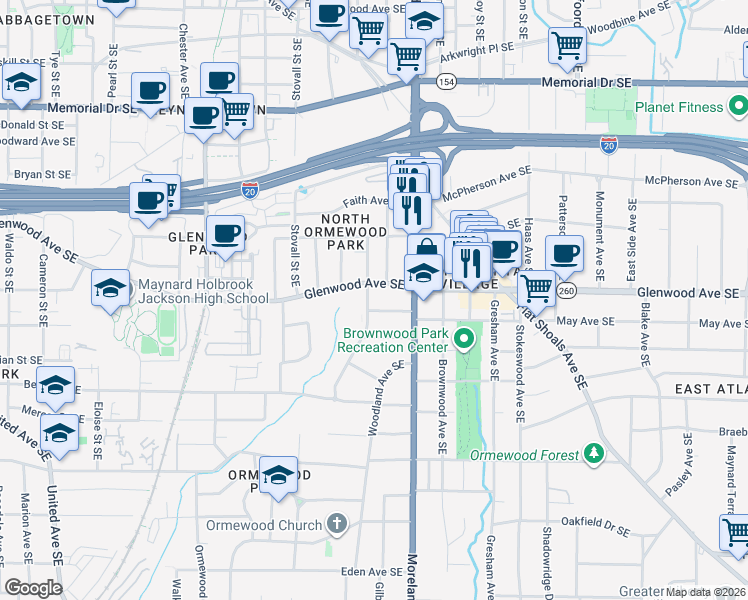map of restaurants, bars, coffee shops, grocery stores, and more near 1120 Portland Avenue Southeast in Atlanta