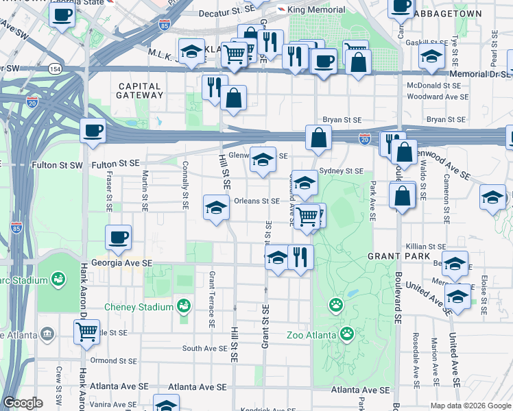 map of restaurants, bars, coffee shops, grocery stores, and more near 555 Grant Street Southeast in Atlanta