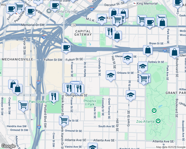 map of restaurants, bars, coffee shops, grocery stores, and more near 153 Richmond Street Southeast in Atlanta