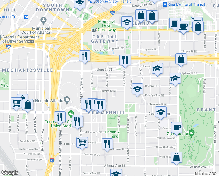 map of restaurants, bars, coffee shops, grocery stores, and more near 118 Crumley Street Southeast in Atlanta