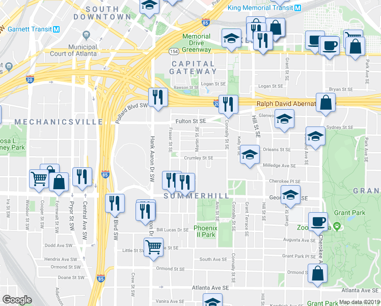 map of restaurants, bars, coffee shops, grocery stores, and more near 118 Crumley Street Southeast in Atlanta
