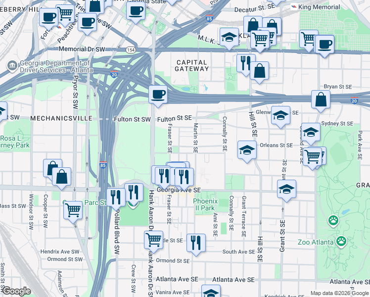 map of restaurants, bars, coffee shops, grocery stores, and more near 83 Richmond Street Southeast in Atlanta