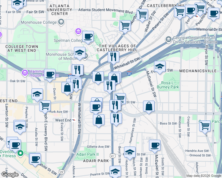 map of restaurants, bars, coffee shops, grocery stores, and more near 556 Northside Drive Southwest in Atlanta