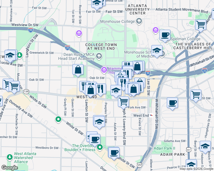 map of restaurants, bars, coffee shops, grocery stores, and more near 554 Peeples Street Southwest in Atlanta