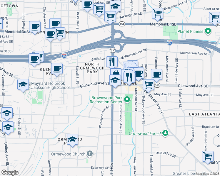 map of restaurants, bars, coffee shops, grocery stores, and more near 525 Moreland Avenue Southeast in Atlanta