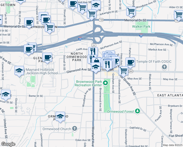 map of restaurants, bars, coffee shops, grocery stores, and more near 537 Moreland Avenue Southeast in Atlanta