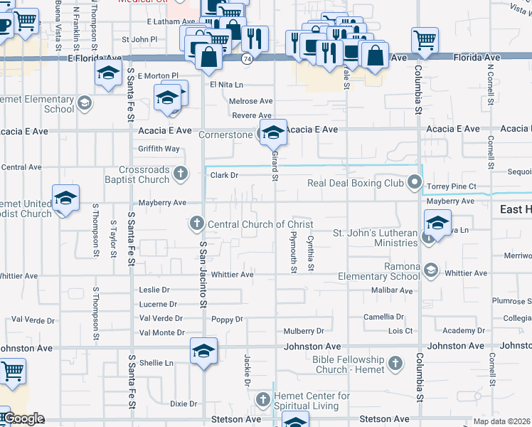 map of restaurants, bars, coffee shops, grocery stores, and more near 26307 Girard Street in Hemet